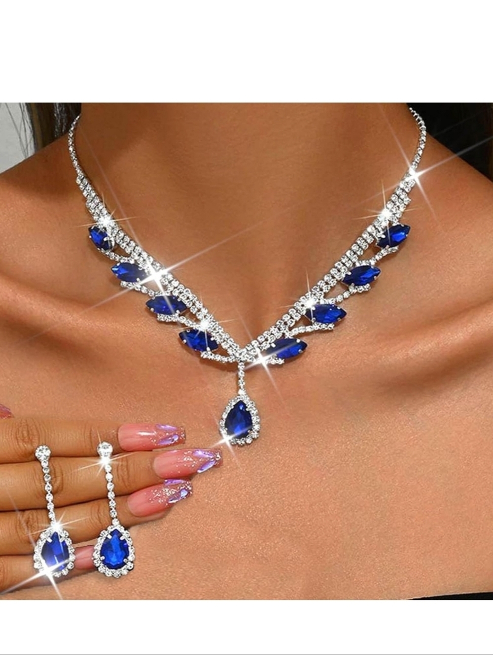 Elegant Silver Necklace and Earring Set with Blue Stones - Women Jewelry - Picture 5 of 6